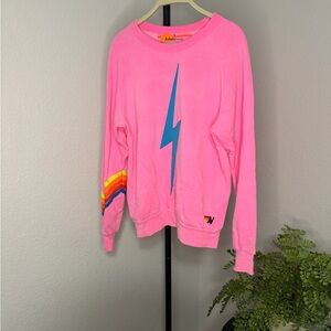 Aviator Nation Neon Pink Sweatshirt with Blue lightning bolt